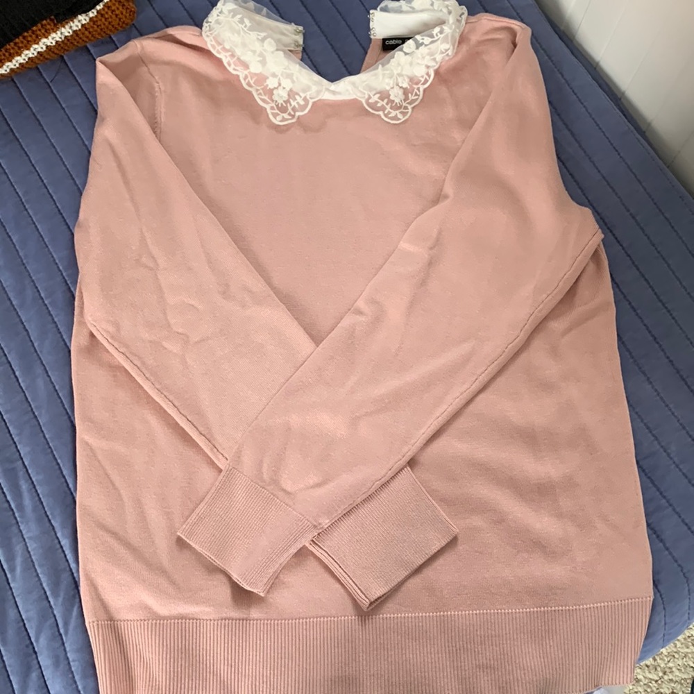 Pink with lace cooler crew neck sweater. Petite Large.